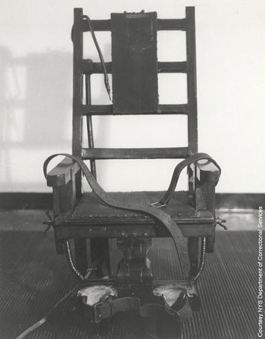 Probably the most famous american electric chair - Old Sparky from Sing-Sing prison.  This media file is in the public domain in the United States. This applies to U.S. works where the copyright has expired, often because its first publication occurred prior to January 1, 1923.